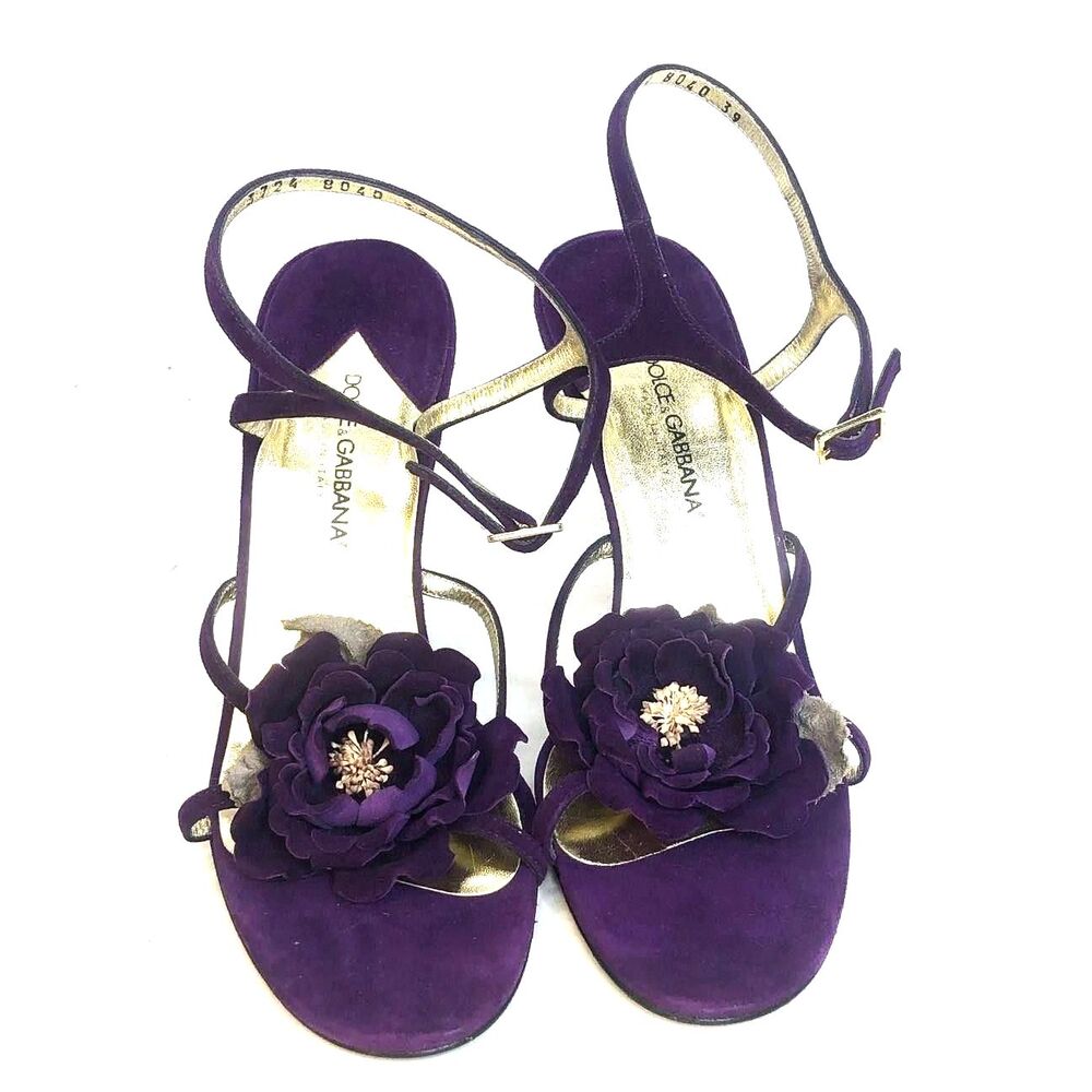 VTG Dolce & Gabbana Purple Suede Flower Sandals Heels Size 39 US 8.5 Italy EUC